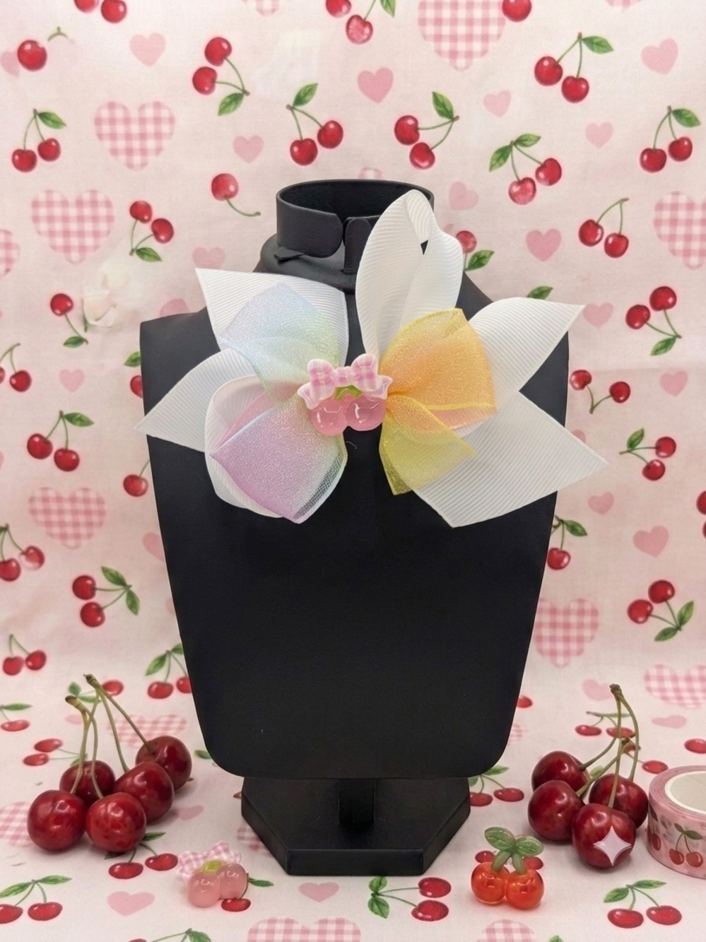 White Medium Size Cherry Themed Hairbow